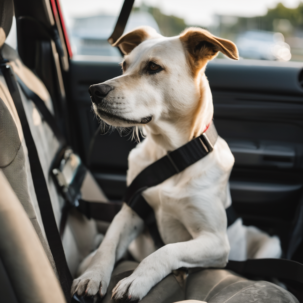 Hund mit Sicherheitsgurt im Auto