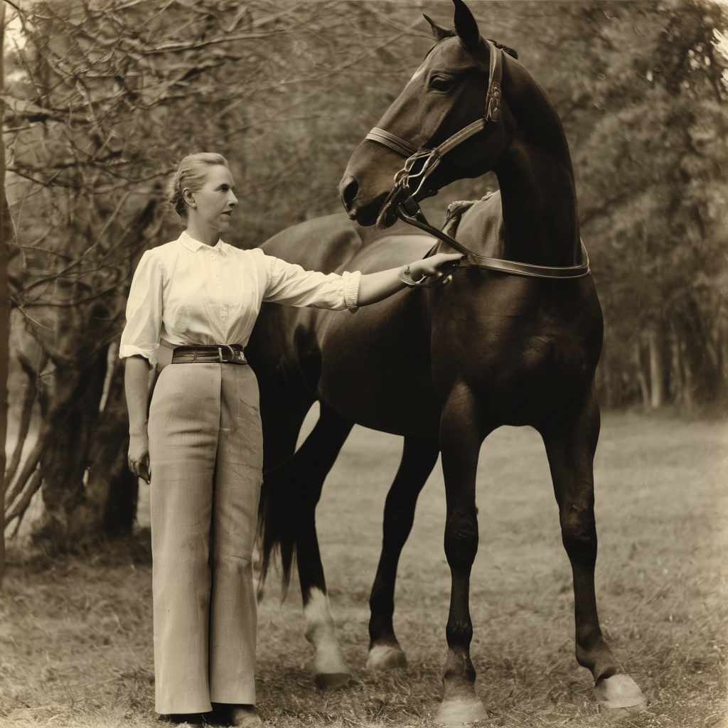 Frau mit Pferd auf der Koppel