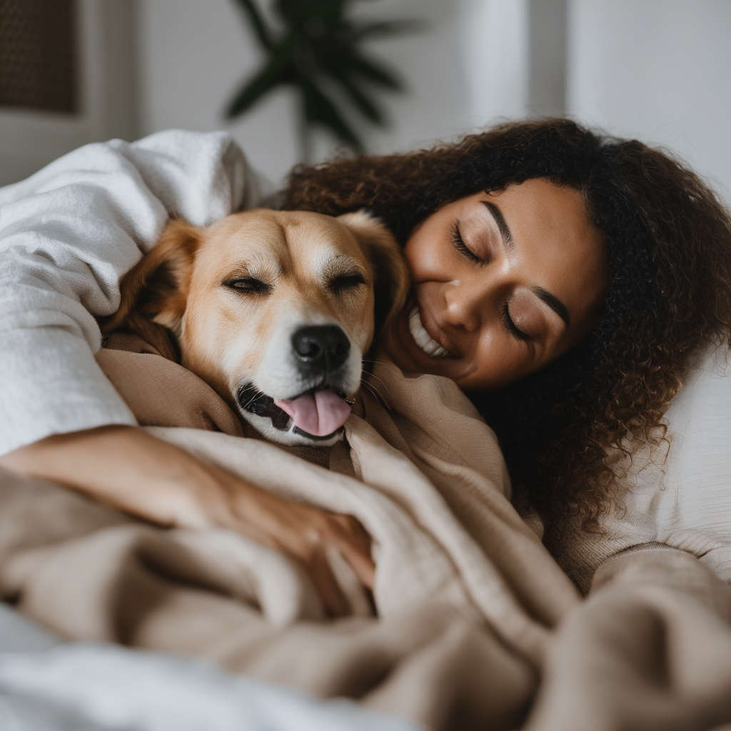 Frau kuschelt mit Hund im Bett