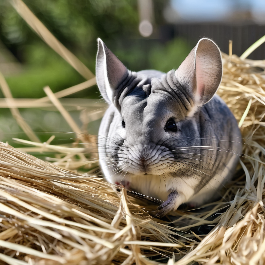 Chinchilla mit Heu und Wasserflasche